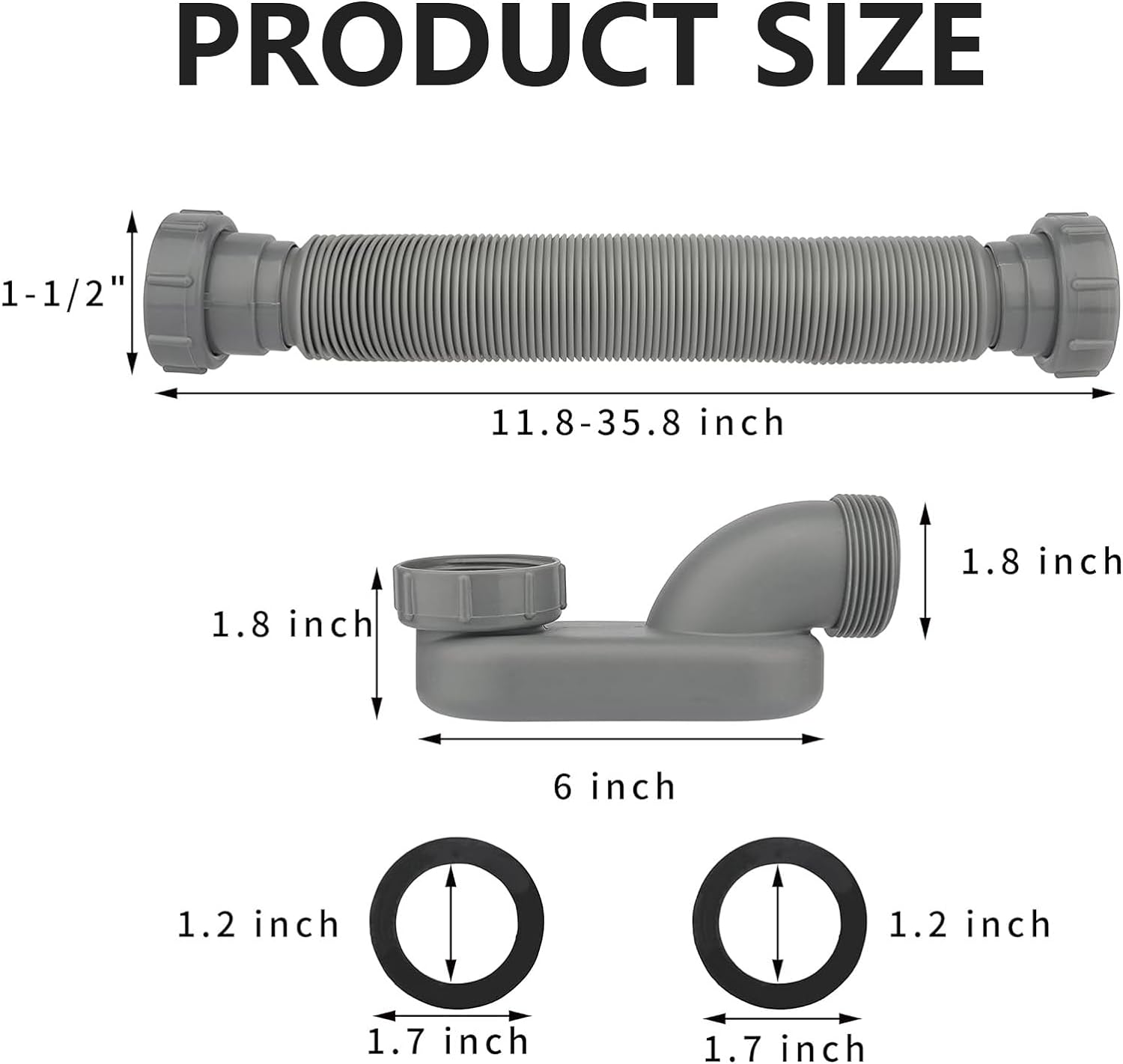 Flexible 1-1/2" P-Trap For Freestanding Tubs - Adjustable Shower Drain Pipe For RV Bathtub Bathroom