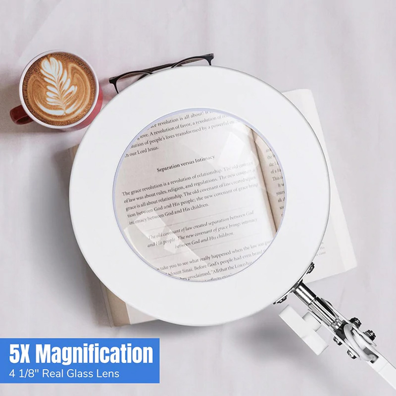 5X Large Magnifying Glass with Light and Stand, 2 X 16 Inch Swivel Arm LED  Desk